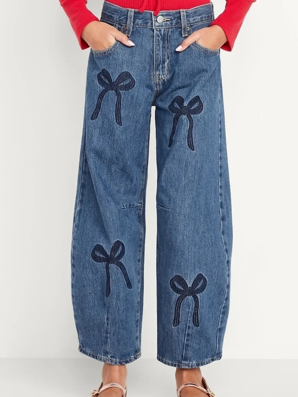 Old Navy Blue Wide-Leg Jeans with Embroidered Bow Appliqués